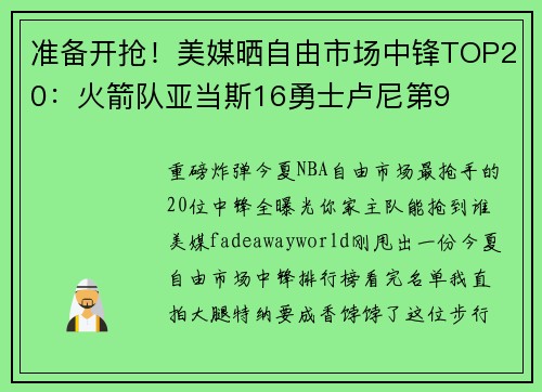准备开抢！美媒晒自由市场中锋TOP20：火箭队亚当斯16勇士卢尼第9