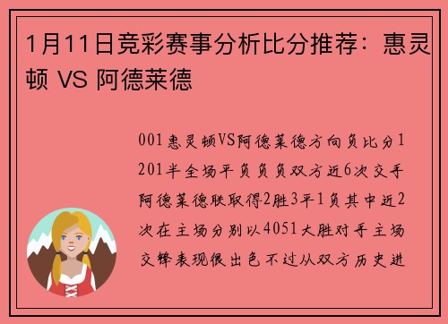 1月11日竞彩赛事分析比分推荐：惠灵顿 VS 阿德莱德