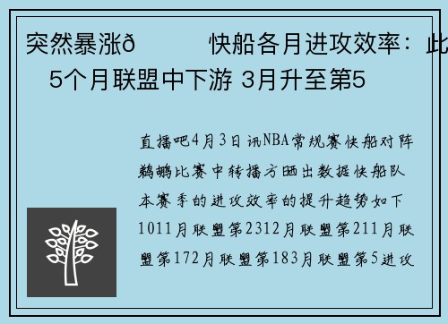 突然暴涨📈快船各月进攻效率：此前5个月联盟中下游 3月升至第5