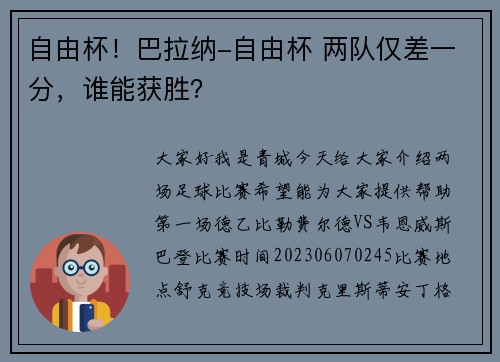 自由杯！巴拉纳-自由杯 两队仅差一分，谁能获胜？